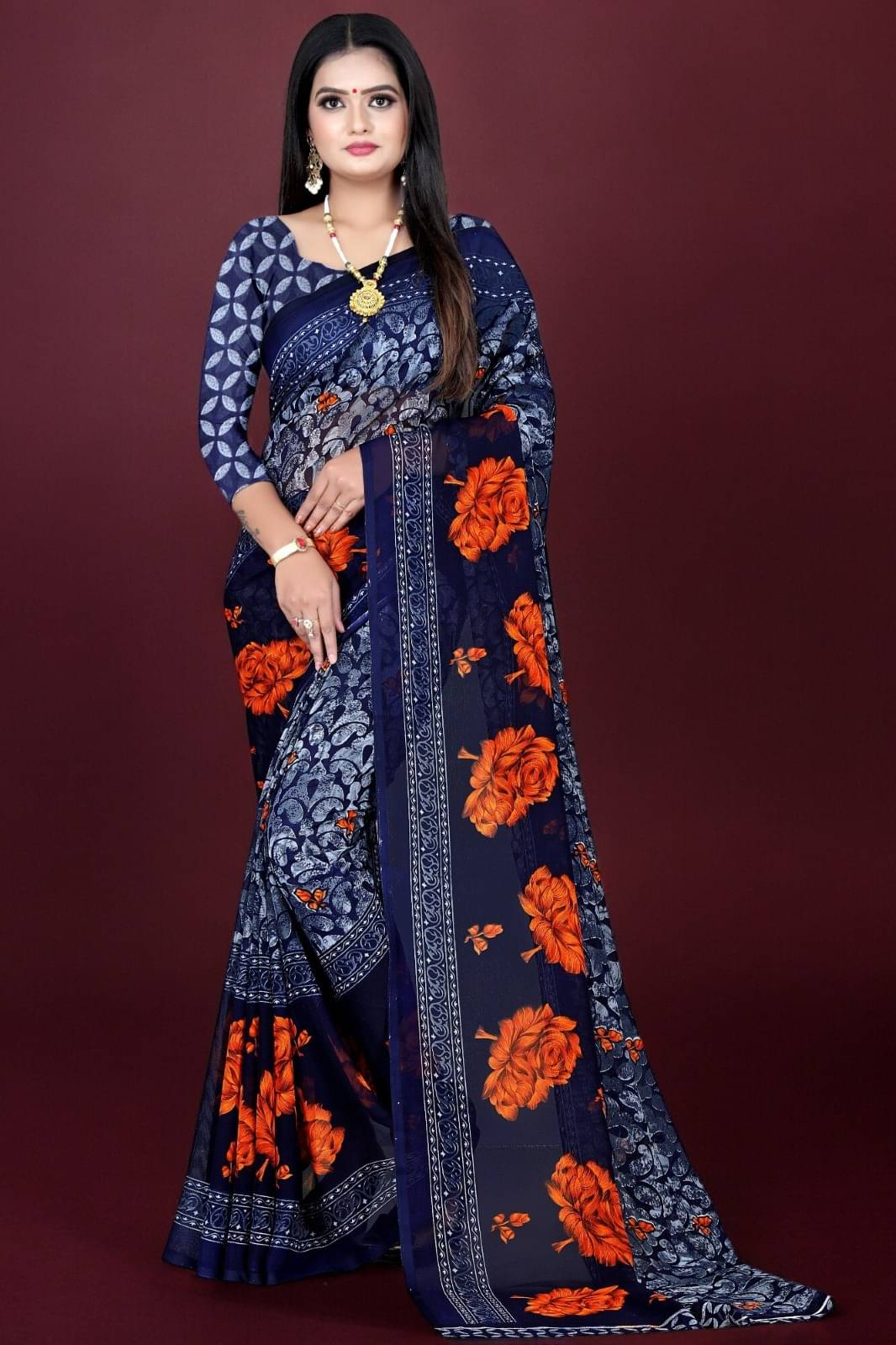 Vibhagyaa Georgette Printed Saree With Unstitched Blouse Piece ( Blue ) Vibhagyaa Georgette Printed Saree With Unstitched Blouse Piece ( Blue )