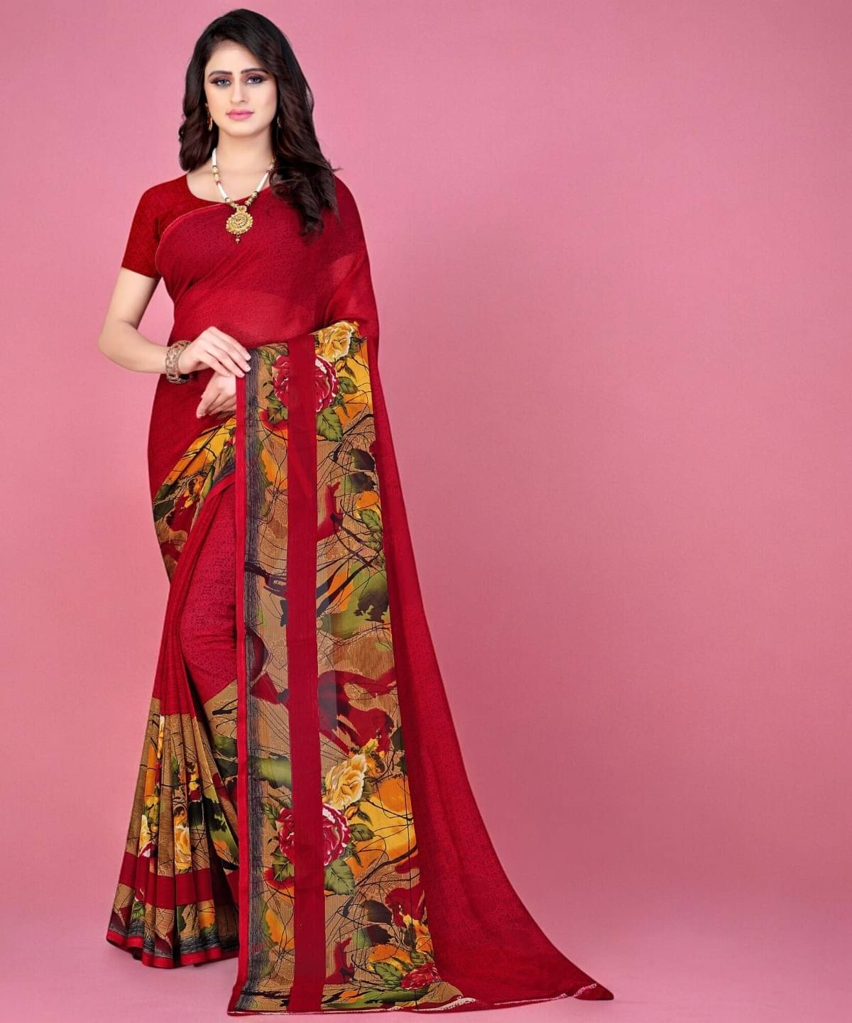 Vibhagyaa Georgette Printed Saree With Unstitched Blouse Piece ( Multicolor ) Vibhagyaa Georgette Printed Saree With Unstitched Blouse Piece ( Multicolor )