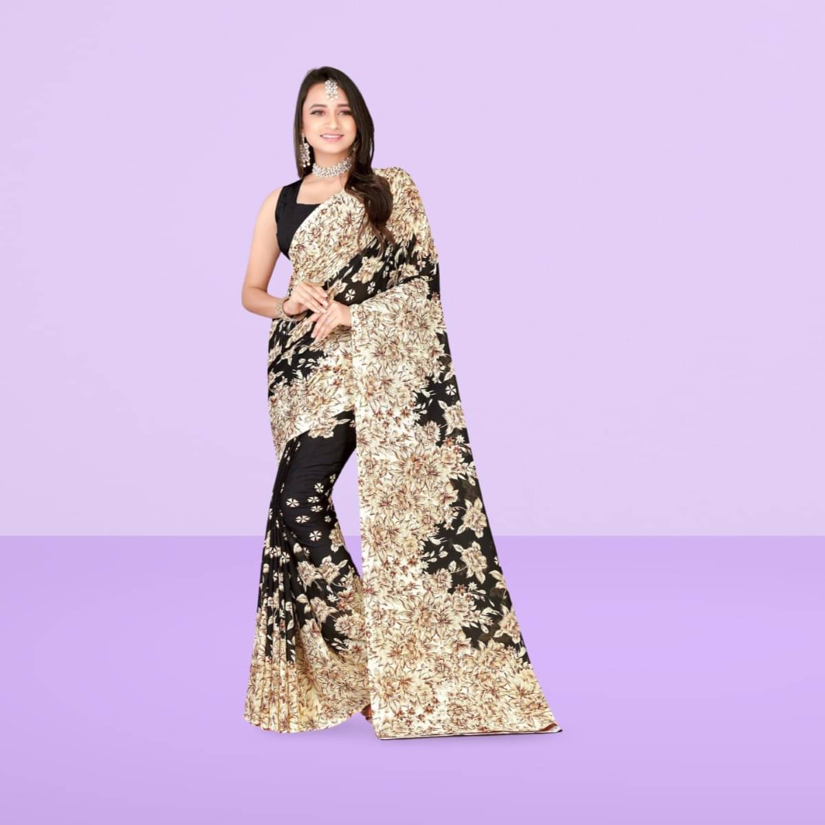 Vibhagyaa Georgette Printed Saree With Unstitched Blouse Piece ( Black ) Vibhagyaa Georgette Printed Saree With Unstitched Blouse Piece ( Black )