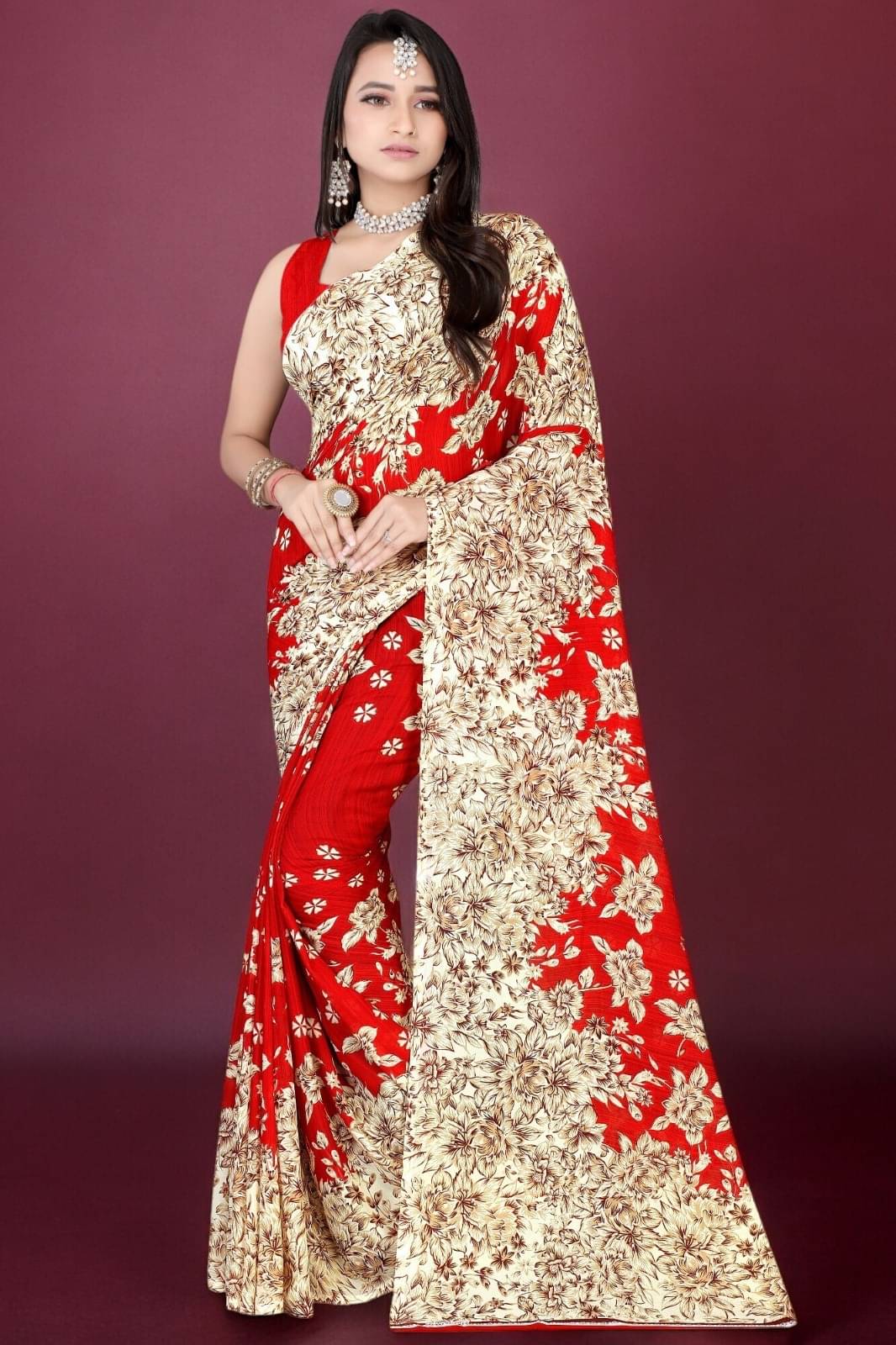 Vibhagyaa Georgette Printed Saree With Unstitched Blouse Piece ( Red ) Vibhagyaa Georgette Printed Saree With Unstitched Blouse Piece ( Red )