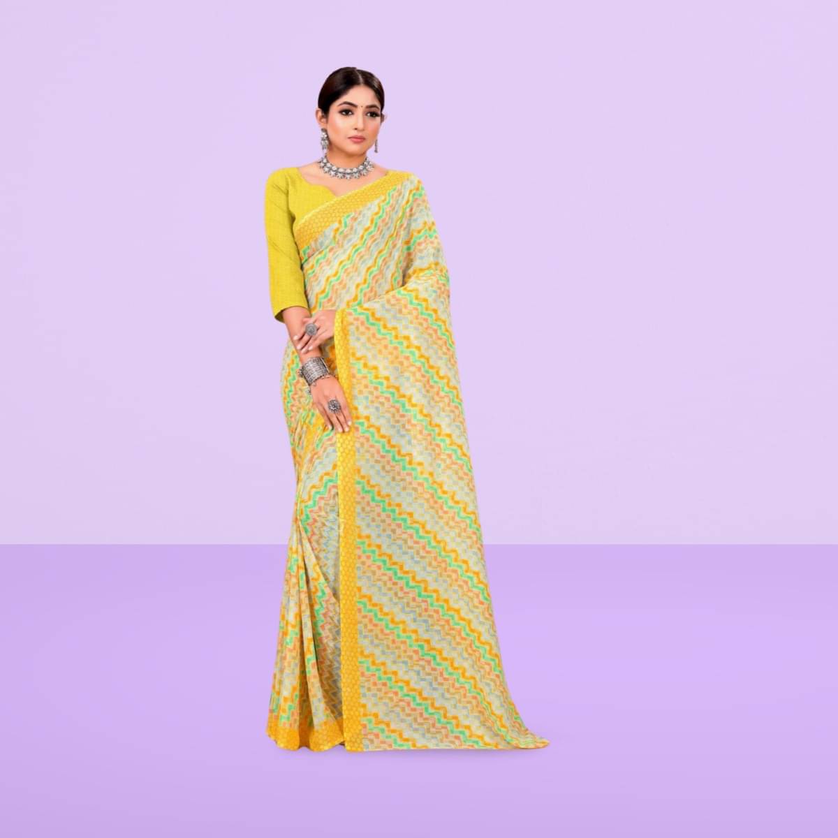     			Vibhagyaa Georgette Printed Saree With Unstitched Blouse Piece ( Yellow )