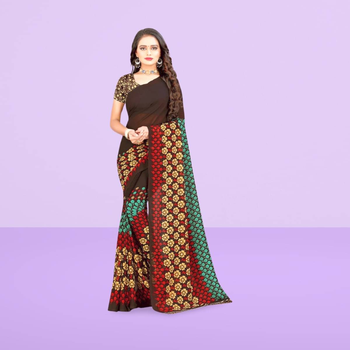    			Vibhagyaa Georgette Printed Saree With Unstitched Blouse Piece ( Brown )