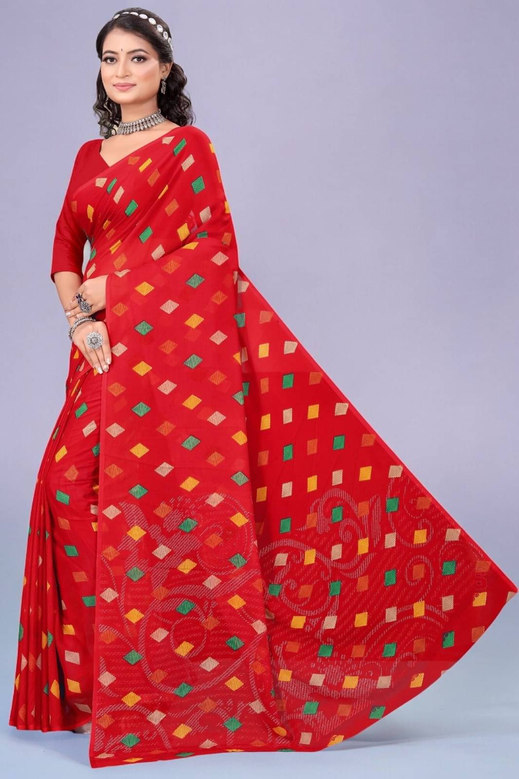 Vibhagyaa Georgette Printed Saree With Unstitched Blouse Piece ( Red ) Vibhagyaa Georgette Printed Saree With Unstitched Blouse Piece ( Red )