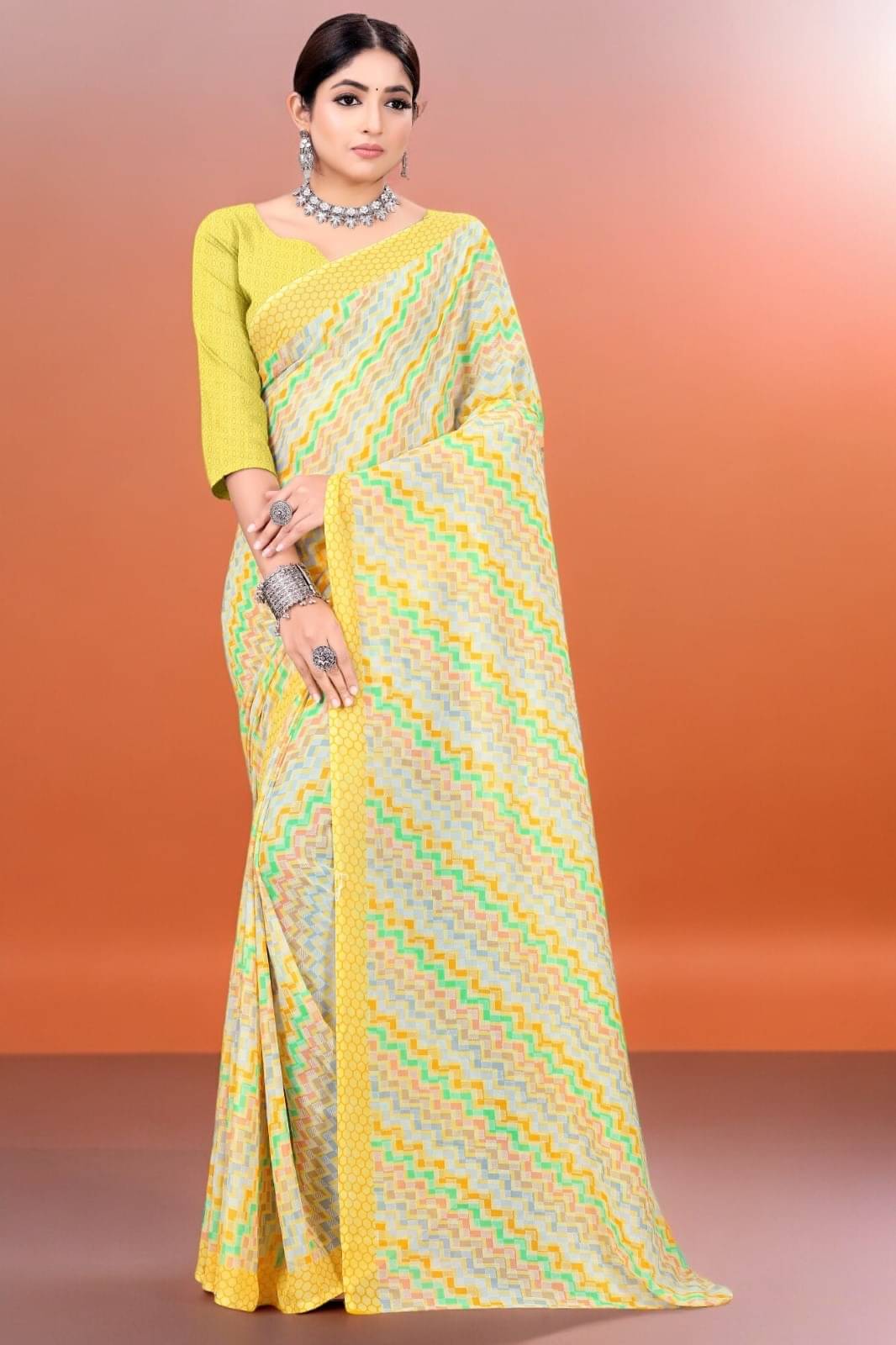 Vibhagyaa Georgette Printed Saree With Unstitched Blouse Piece ( Yellow ) Vibhagyaa Georgette Printed Saree With Unstitched Blouse Piece ( Yellow )