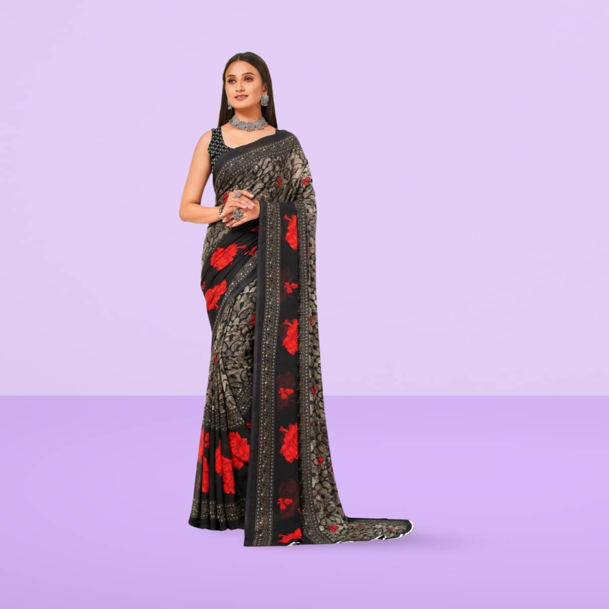 Vibhagyaa Georgette Printed Saree With Unstitched Blouse Piece ( Black ) Vibhagyaa Georgette Printed Saree With Unstitched Blouse Piece ( Black )