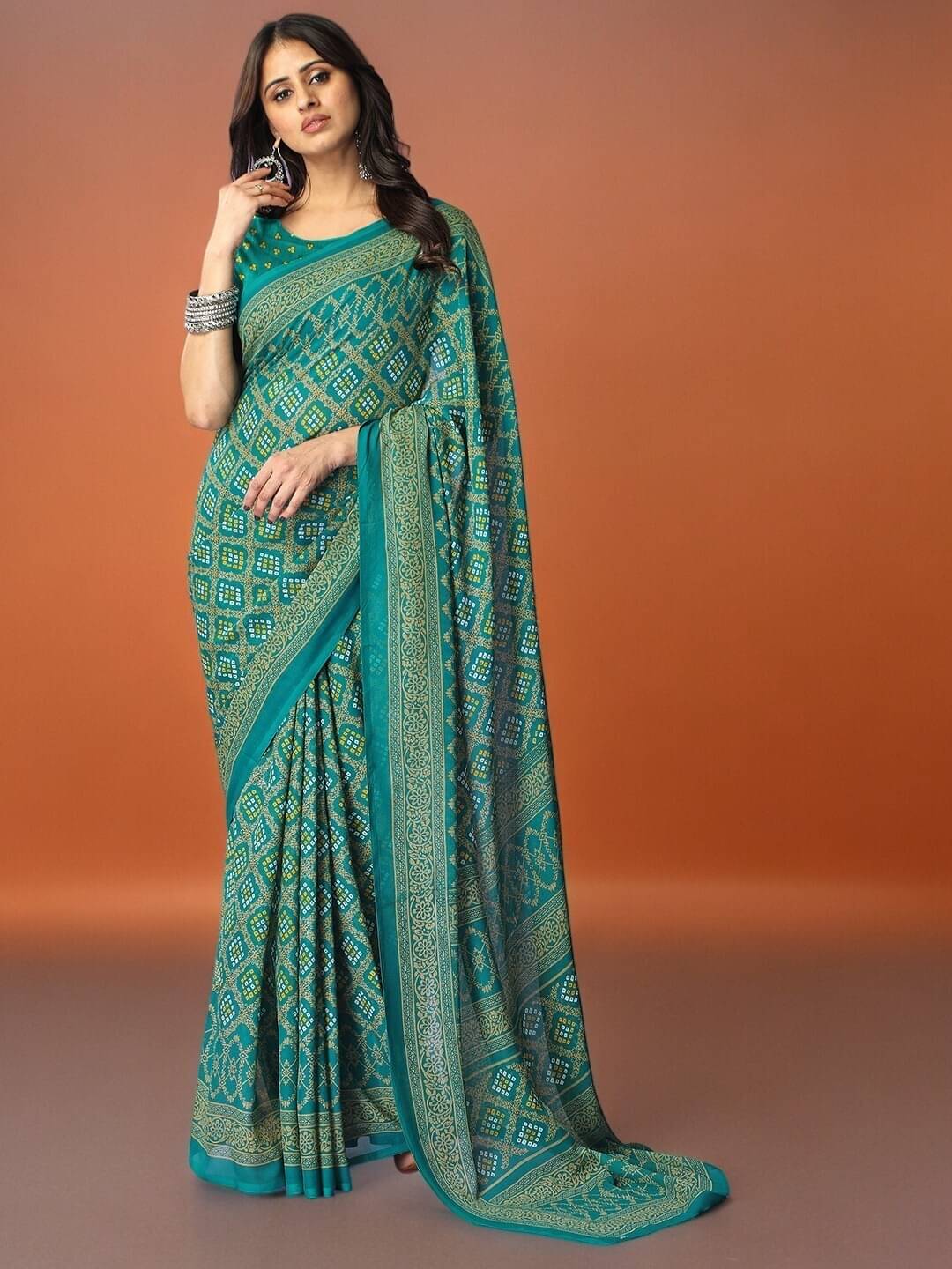     			Vibhagyaa Georgette Printed Saree With Unstitched Blouse Piece ( Green )