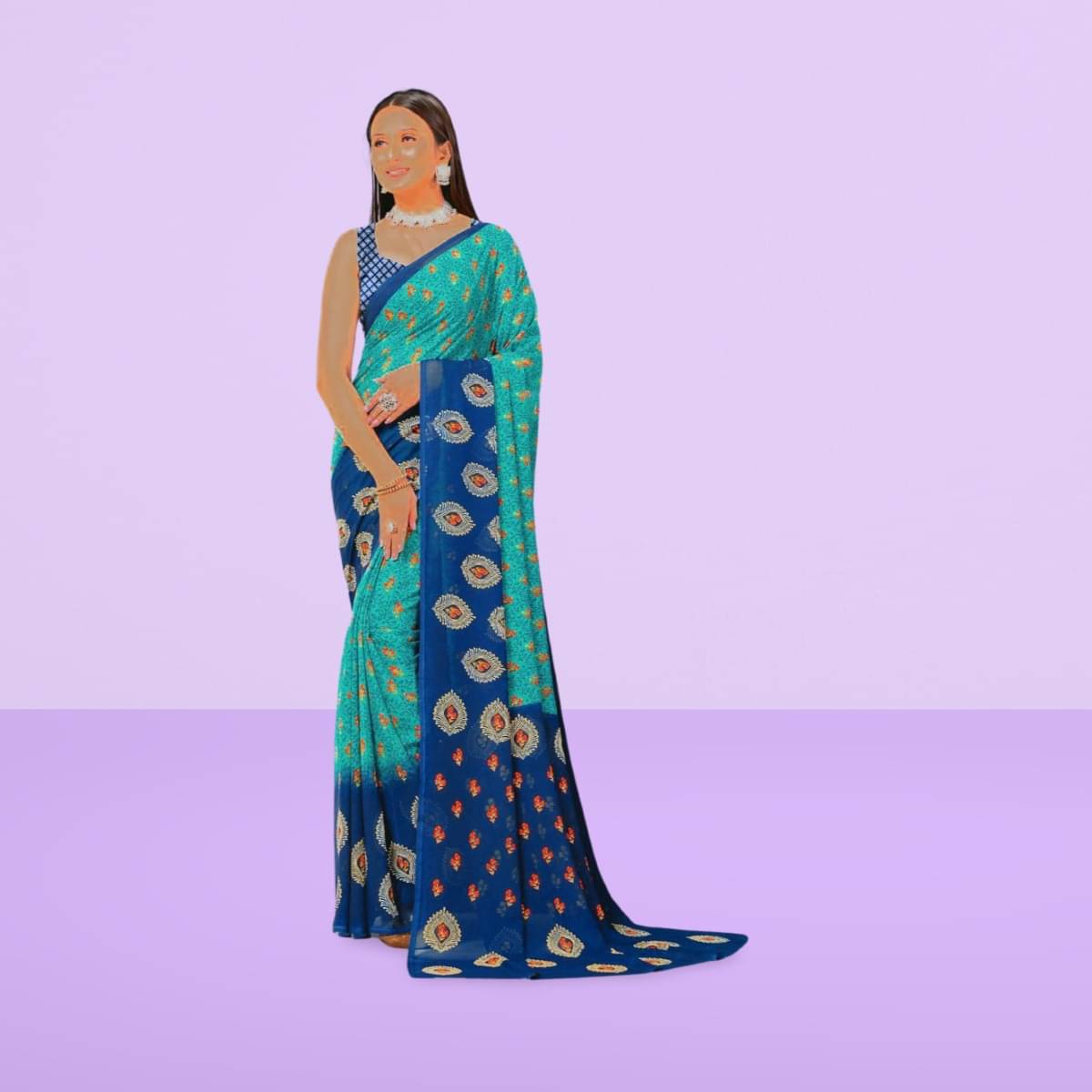     			Vibhagyaa Georgette Printed Saree With Unstitched Blouse Piece ( Blue )
