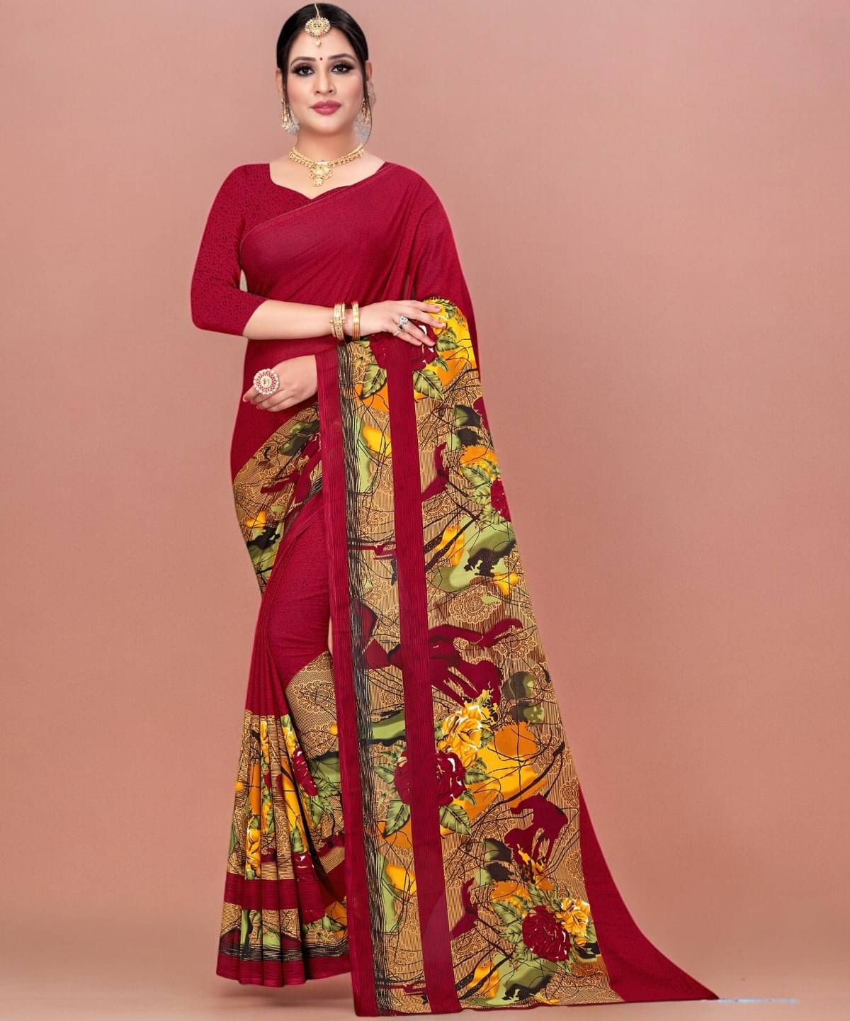    			Vibhagyaa Georgette Printed Saree With Unstitched Blouse Piece ( Maroon )