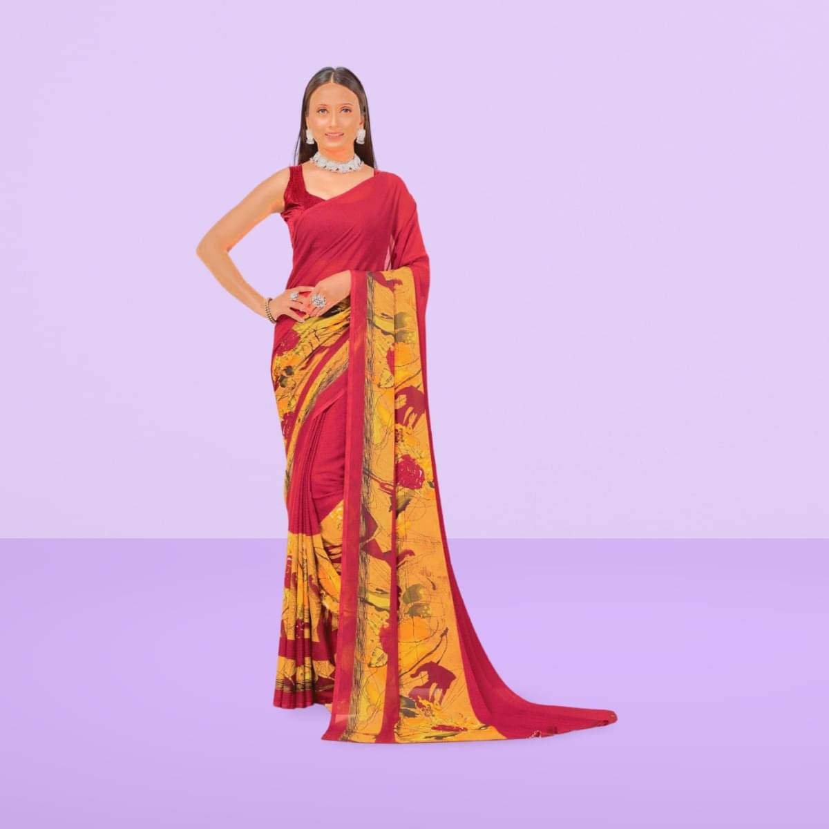 Vibhagyaa Georgette Printed Saree With Unstitched Blouse Piece ( Red ) Vibhagyaa Georgette Printed Saree With Unstitched Blouse Piece ( Red )