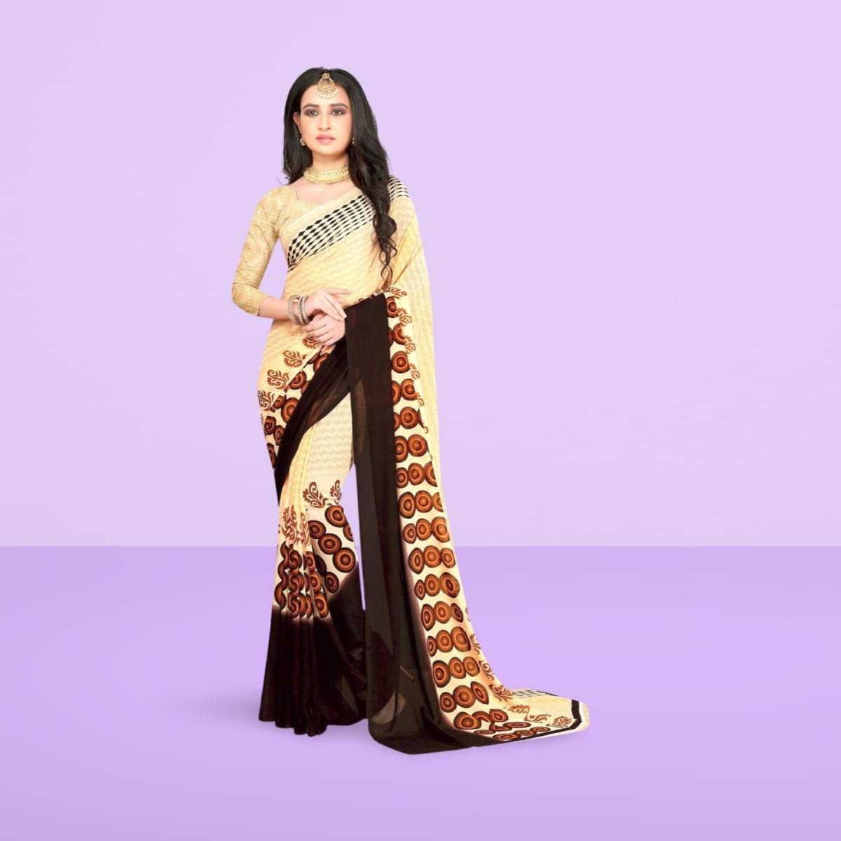 Vibhagyaa Georgette Printed Saree With Unstitched Blouse Piece ( Beige ) Vibhagyaa Georgette Printed Saree With Unstitched Blouse Piece ( Beige )