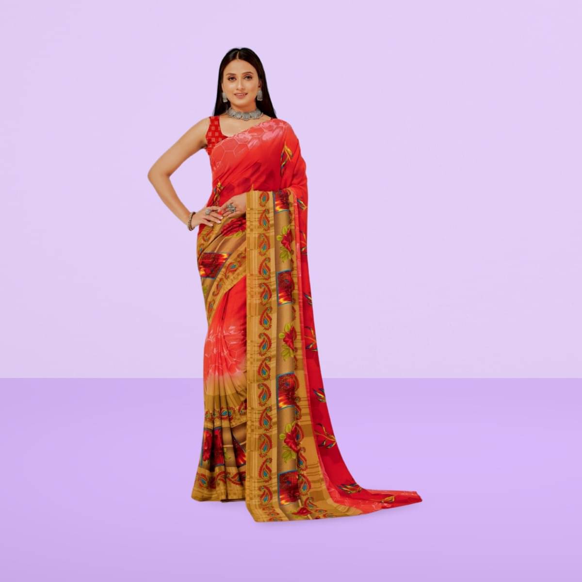 Vibhagyaa Georgette Printed Saree With Unstitched Blouse Piece ( Red ) Vibhagyaa Georgette Printed Saree With Unstitched Blouse Piece ( Red )