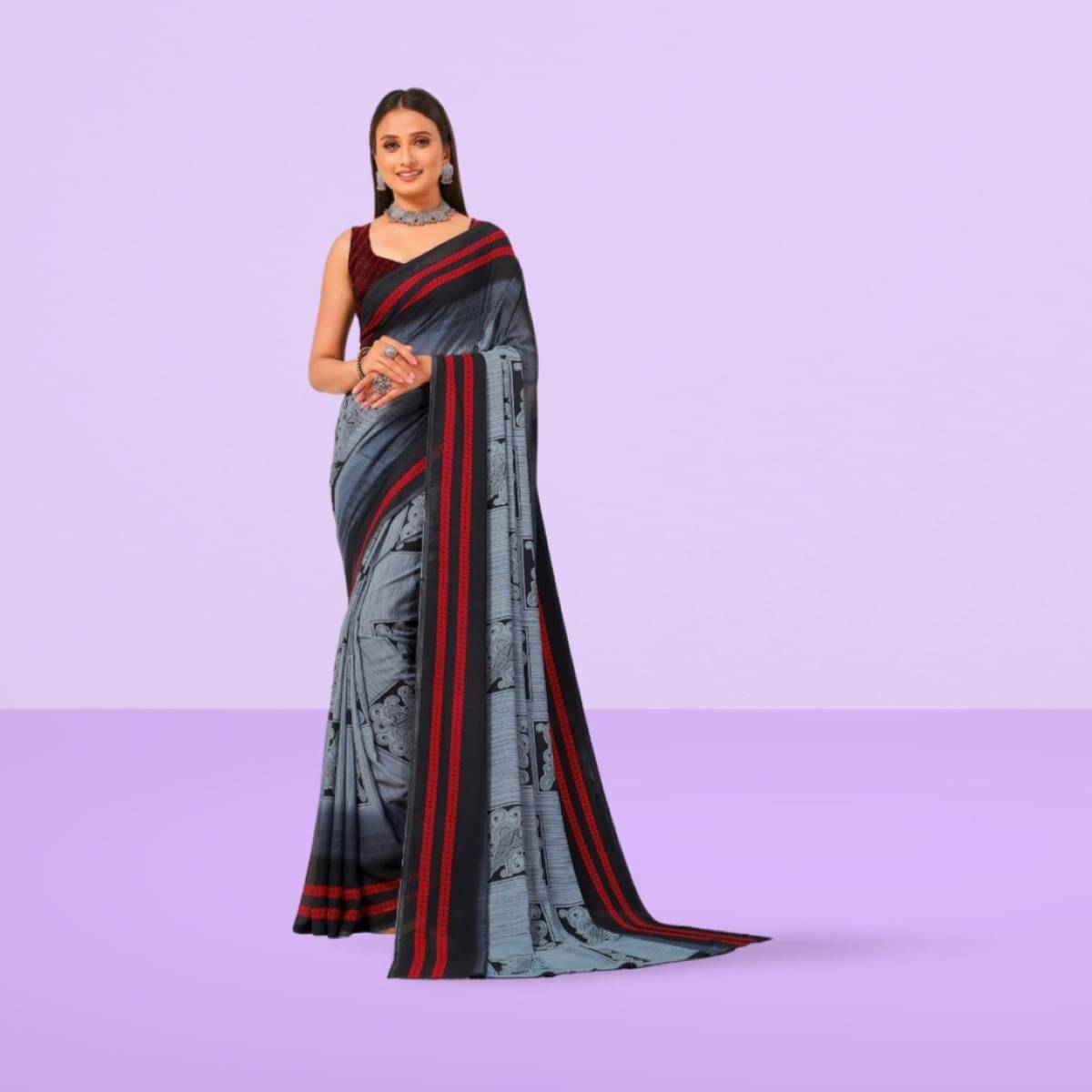Vibhagyaa Georgette Printed Saree With Unstitched Blouse Piece ( Grey ) Vibhagyaa Georgette Printed Saree With Unstitched Blouse Piece ( Grey )