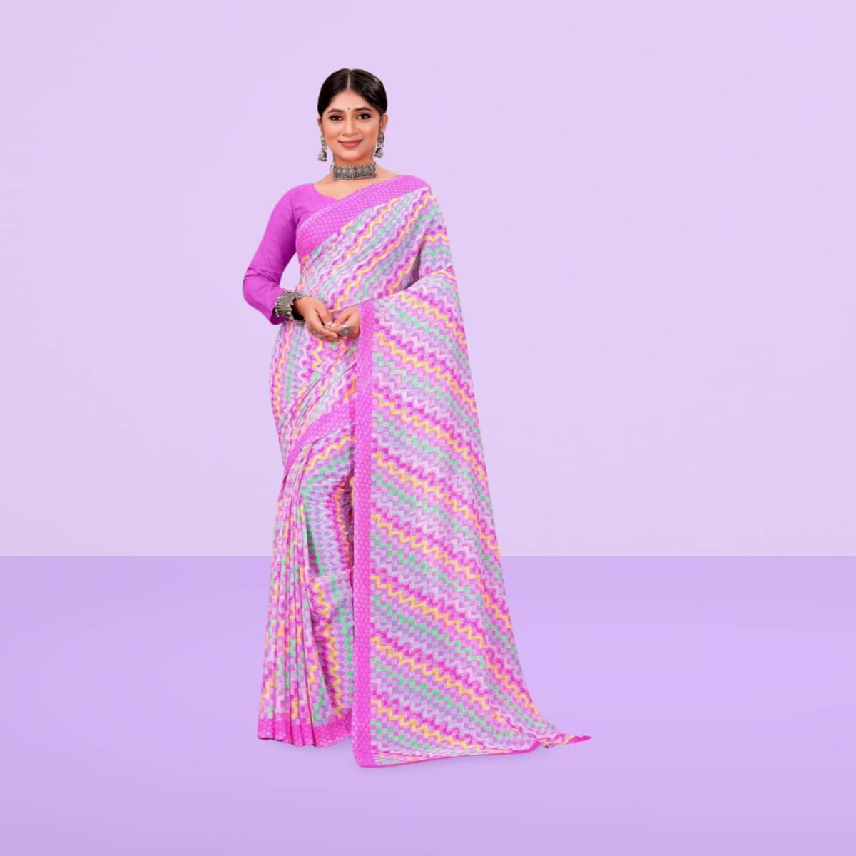     			Vibhagyaa Georgette Printed Saree With Unstitched Blouse Piece ( Pink )