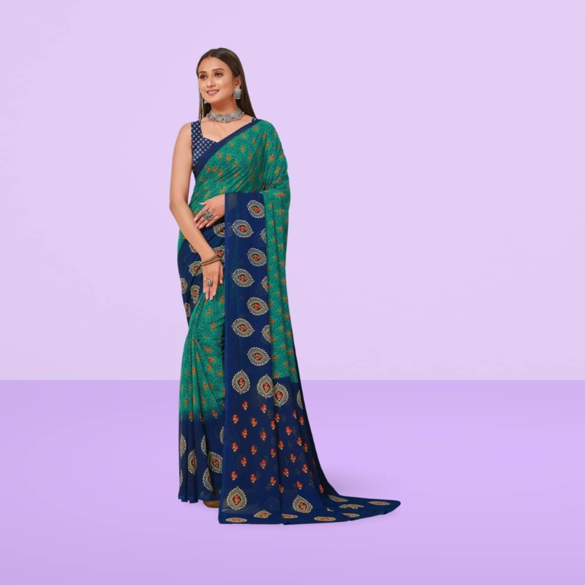 Vibhagyaa Georgette Printed Saree With Unstitched Blouse Piece ( Blue ) Vibhagyaa Georgette Printed Saree With Unstitched Blouse Piece ( Blue )