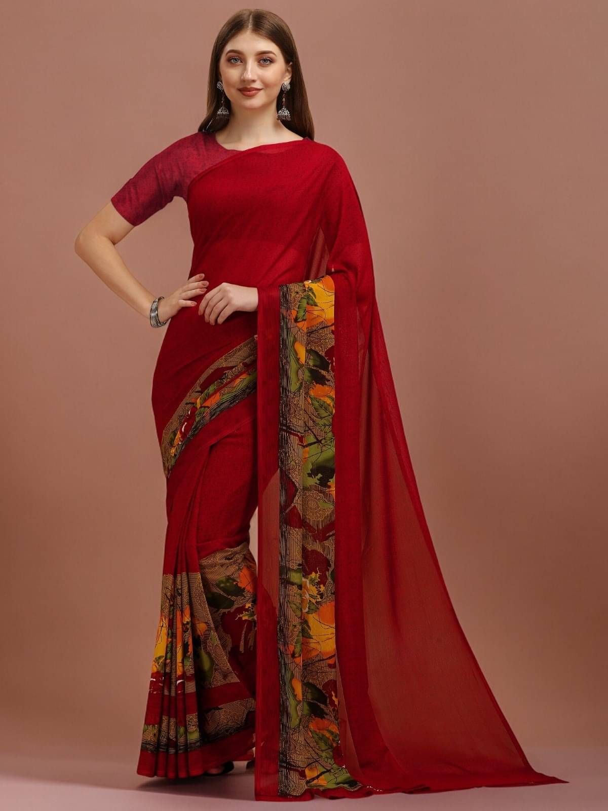 Vibhagyaa Georgette Printed Saree With Unstitched Blouse Piece ( Red ) Vibhagyaa Georgette Printed Saree With Unstitched Blouse Piece ( Red )