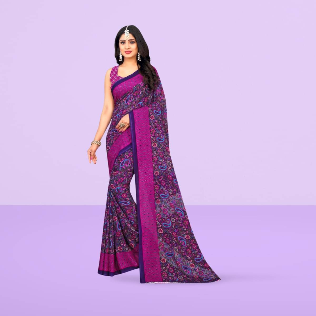 Vibhagyaa Georgette Printed Saree With Unstitched Blouse Piece ( Purple ) Vibhagyaa Georgette Printed Saree With Unstitched Blouse Piece ( Purple )