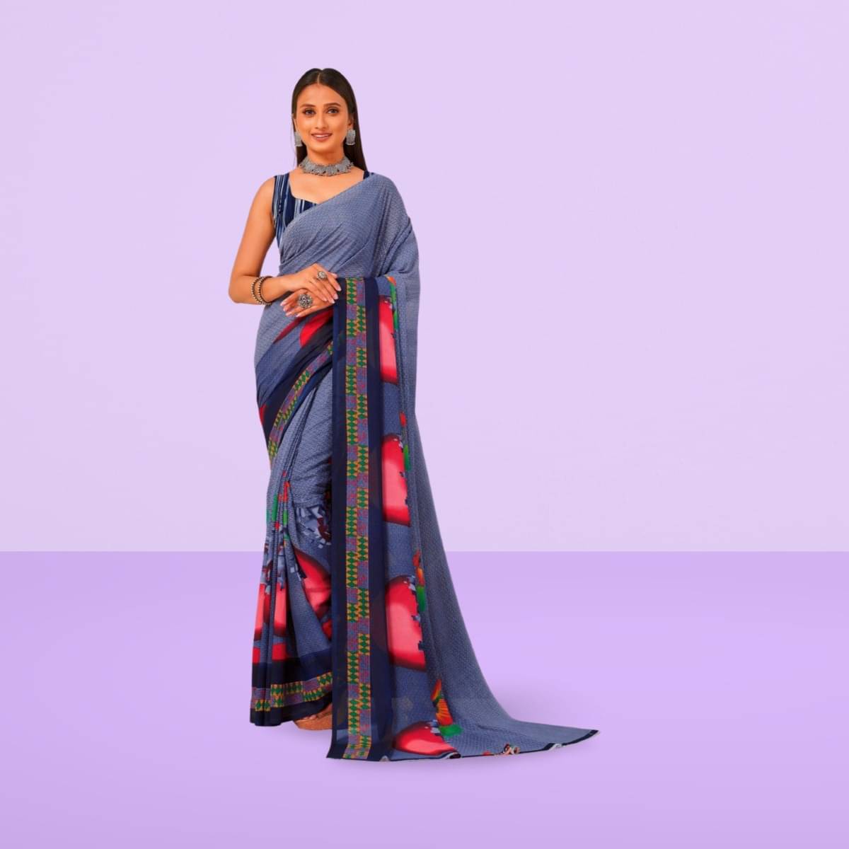 Vibhagyaa Georgette Printed Saree With Unstitched Blouse Piece ( Light Blue ) Vibhagyaa Georgette Printed Saree With Unstitched Blouse Piece ( Light Blue )