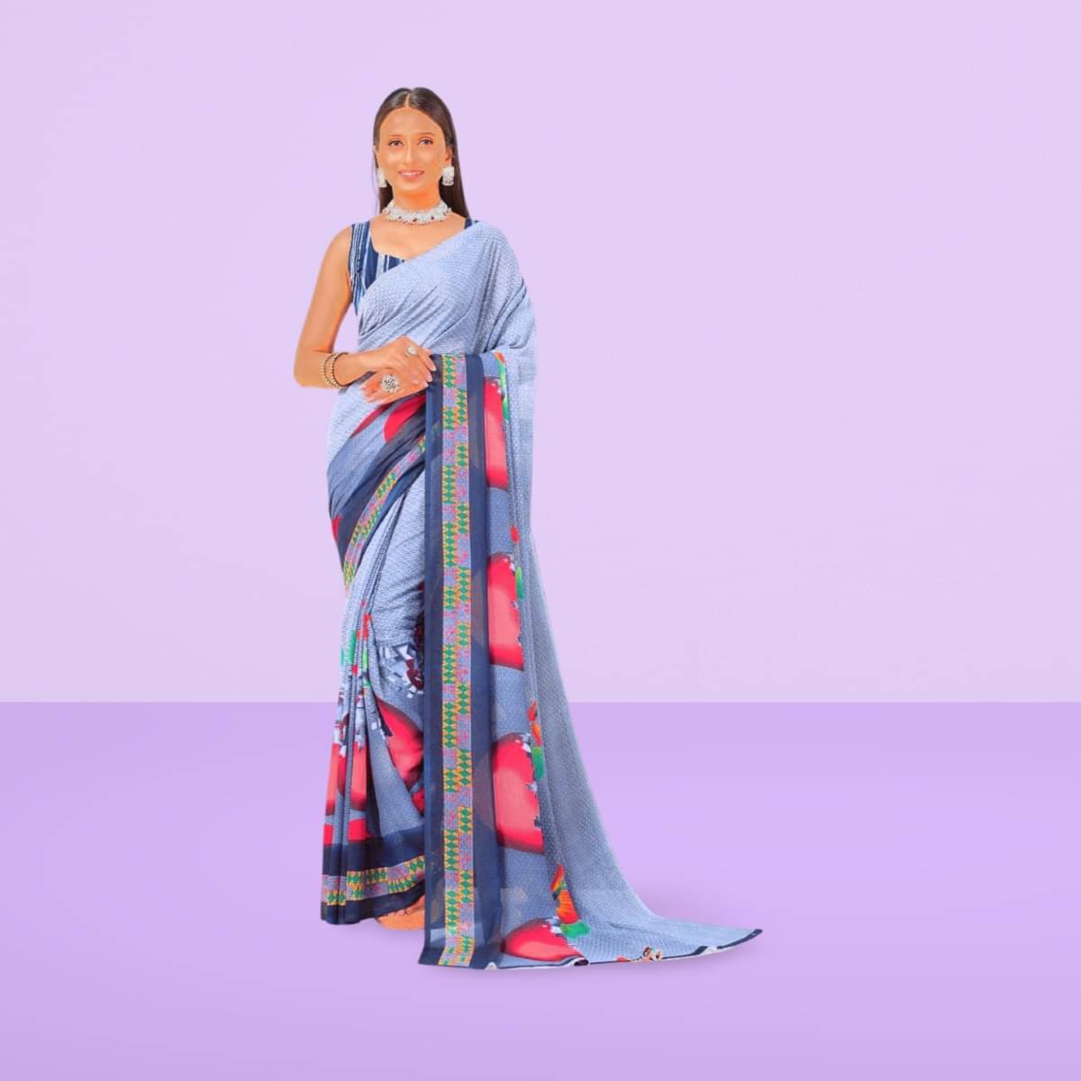     			Vibhagyaa Georgette Printed Saree With Unstitched Blouse Piece ( Light Blue )