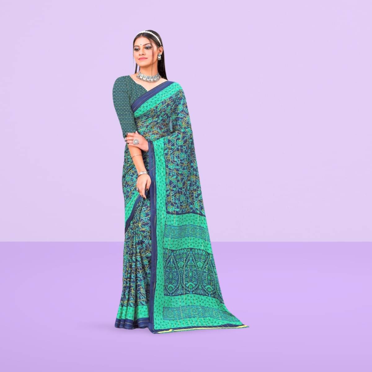 Vibhagyaa Georgette Printed Saree With Unstitched Blouse Piece ( Green ) Vibhagyaa Georgette Printed Saree With Unstitched Blouse Piece ( Green )