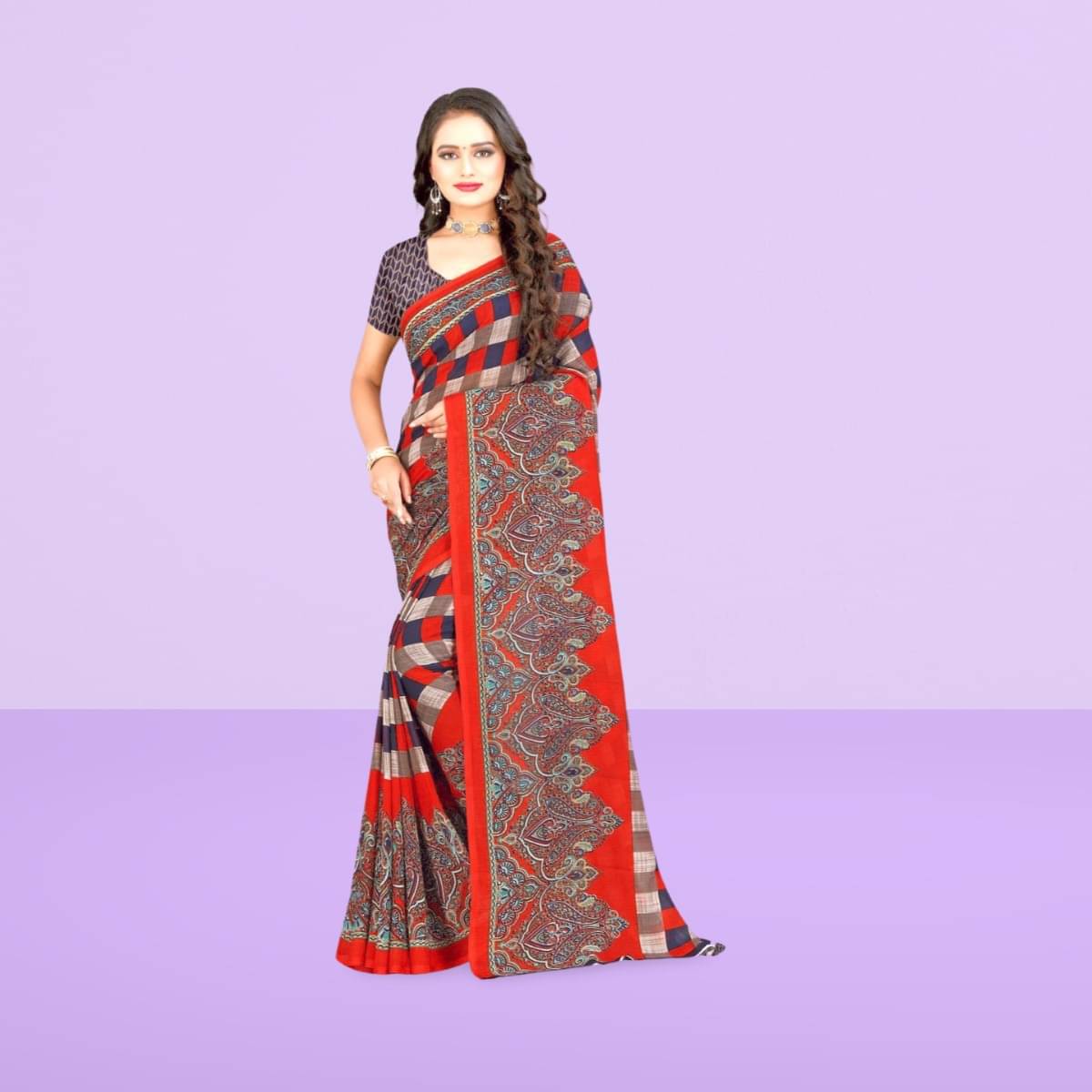 Vibhagyaa Georgette Printed Saree With Unstitched Blouse Piece ( Red ) Vibhagyaa Georgette Printed Saree With Unstitched Blouse Piece ( Red )