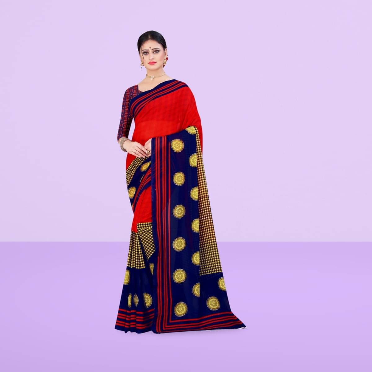 Vibhagyaa Georgette Printed Saree With Unstitched Blouse Piece ( Red ) Vibhagyaa Georgette Printed Saree With Unstitched Blouse Piece ( Red )
