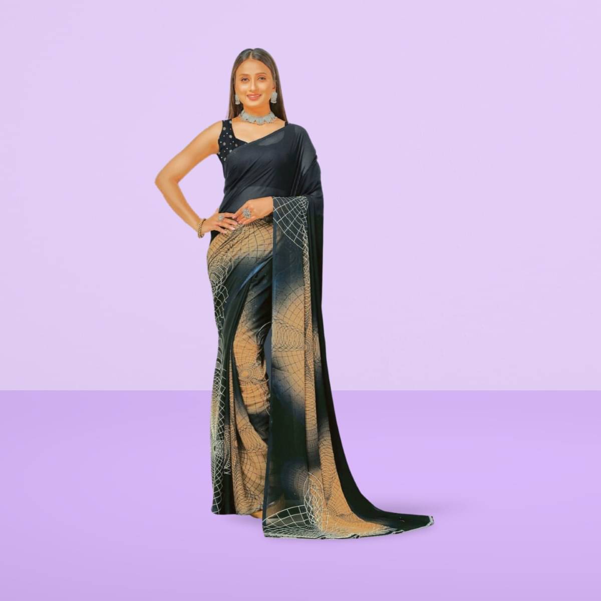 Vibhagyaa Georgette Printed Saree With Unstitched Blouse Piece ( Black )     			Vibhagyaa Georgette Printed Saree With Unstitched Blouse Piece ( Black )