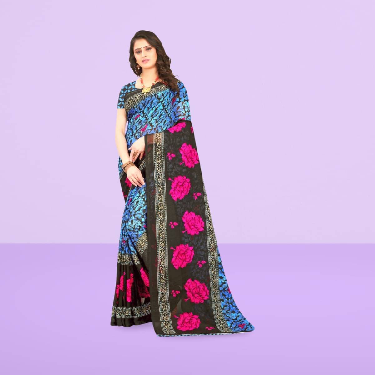     			Vibhagyaa Georgette Printed Saree With Unstitched Blouse Piece ( Blue )