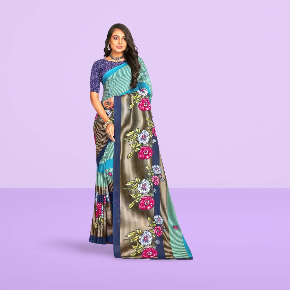     			Vibhagyaa Georgette Printed Saree With Unstitched Blouse Piece ( Blue )