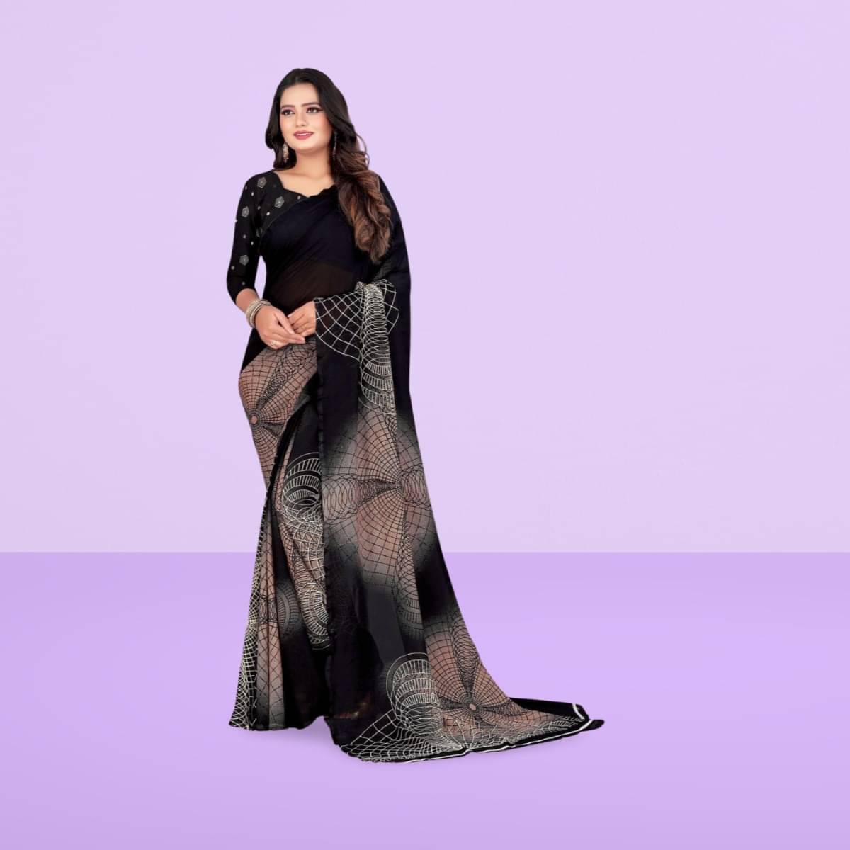 Vibhagyaa Georgette Printed Saree With Unstitched Blouse Piece ( Black ) Vibhagyaa Georgette Printed Saree With Unstitched Blouse Piece ( Black )