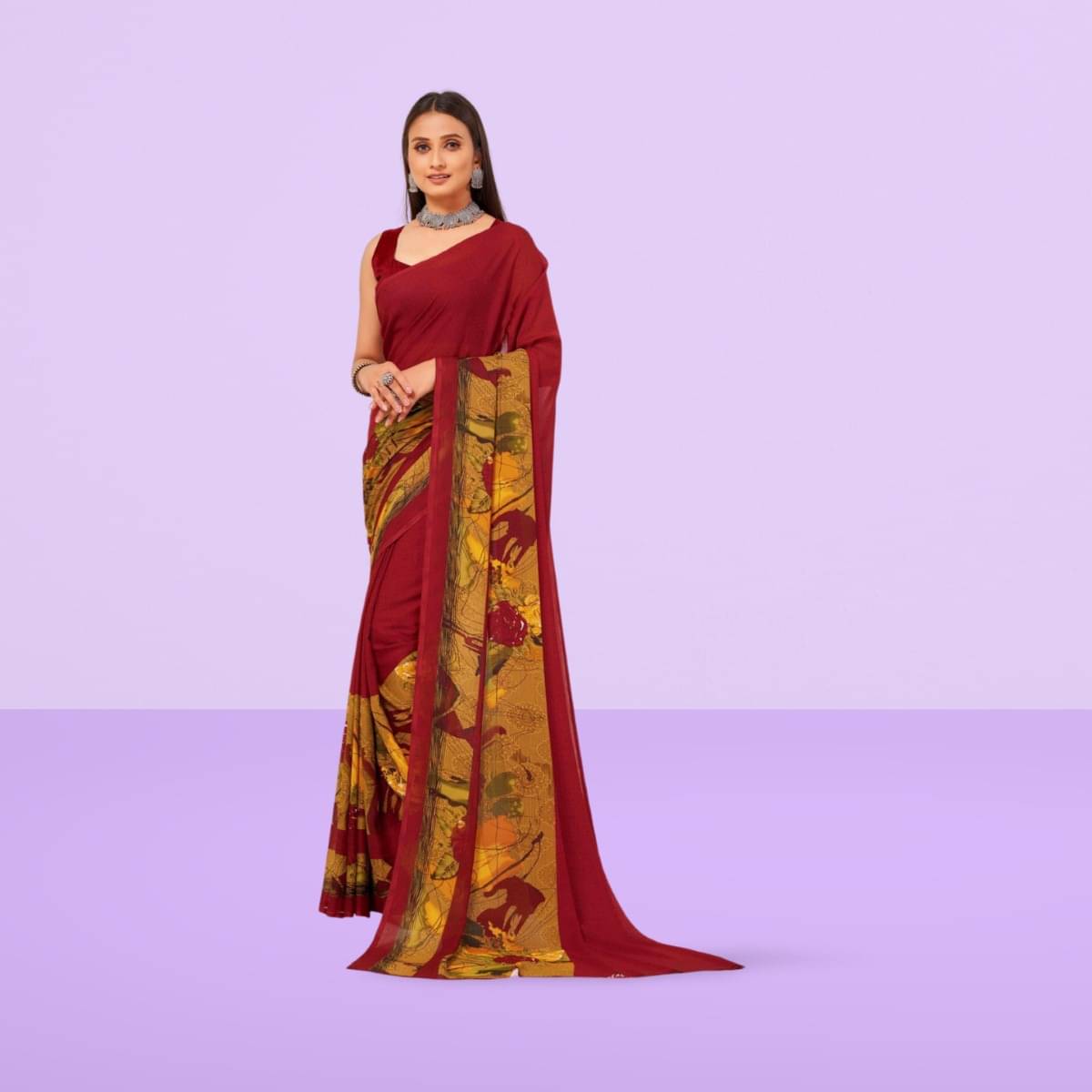 Vibhagyaa Georgette Printed Saree With Unstitched Blouse Piece ( Red ) Vibhagyaa Georgette Printed Saree With Unstitched Blouse Piece ( Red )