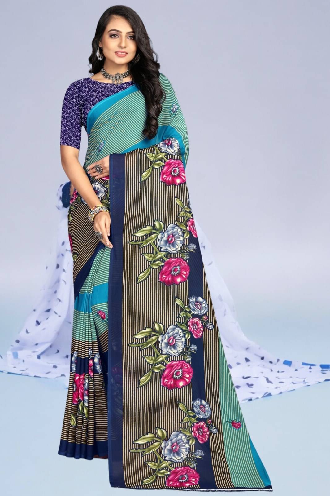     			Vibhagyaa Georgette Printed Saree With Unstitched Blouse Piece ( Blue )