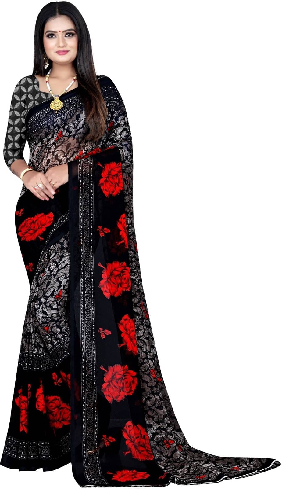     			Vibhagyaa Georgette Printed Saree With Unstitched Blouse Piece ( Black )