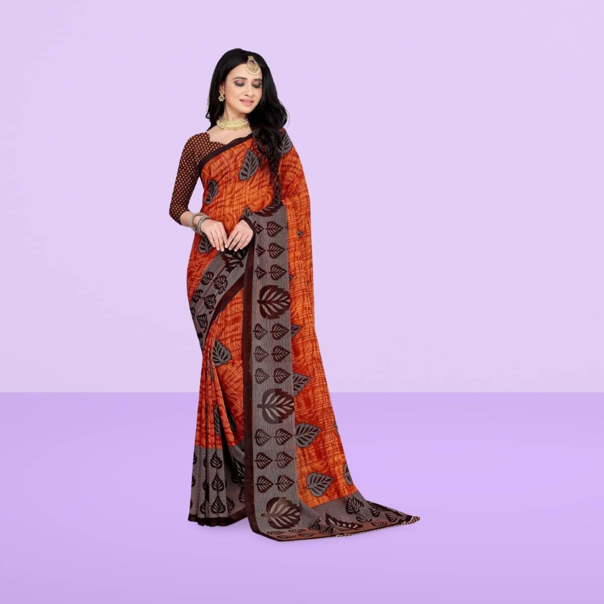 Vibhagyaa Georgette Printed Saree With Unstitched Blouse Piece ( Orange ) Vibhagyaa Georgette Printed Saree With Unstitched Blouse Piece ( Orange )