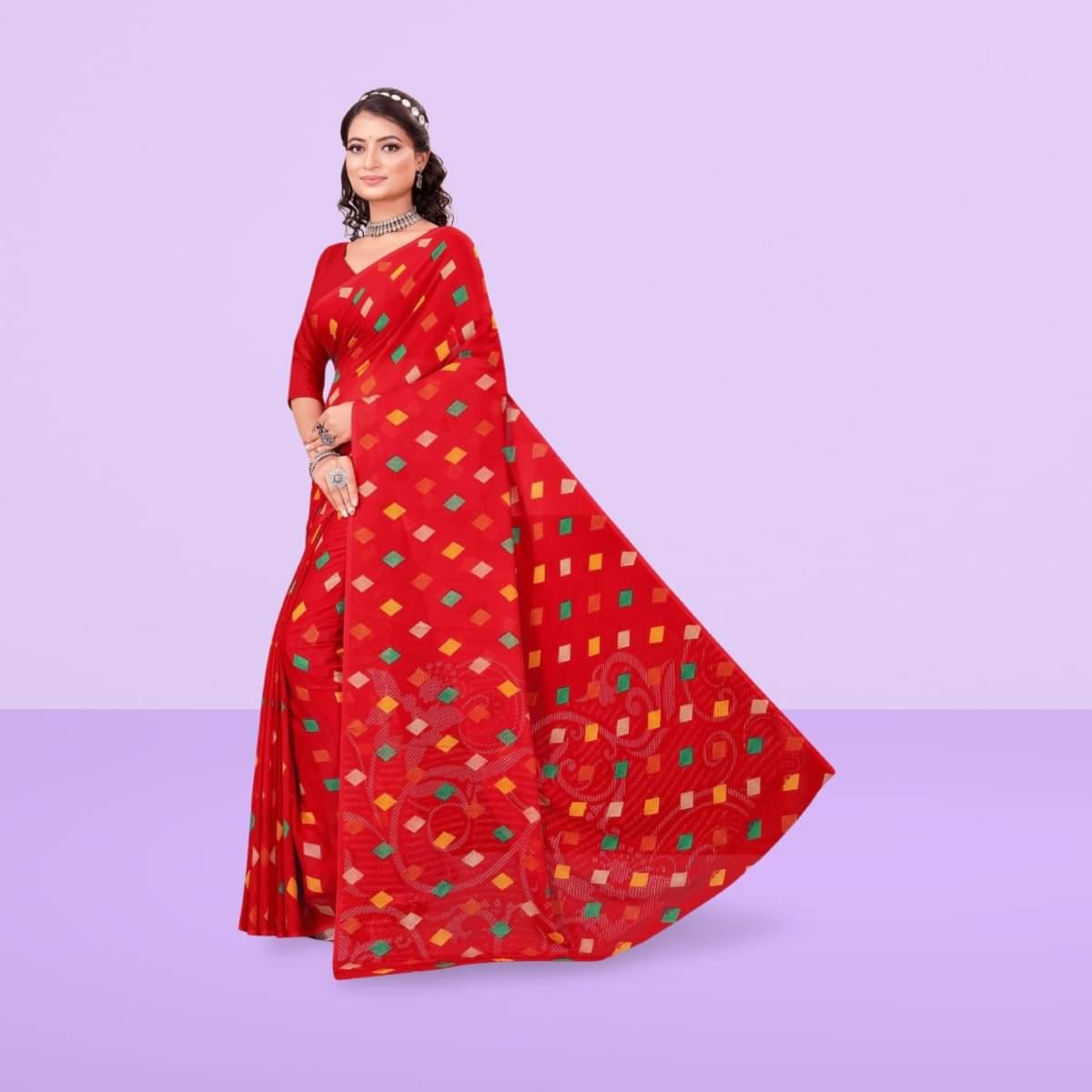 Vibhagyaa Georgette Printed Saree With Unstitched Blouse Piece ( Red ) Vibhagyaa Georgette Printed Saree With Unstitched Blouse Piece ( Red )