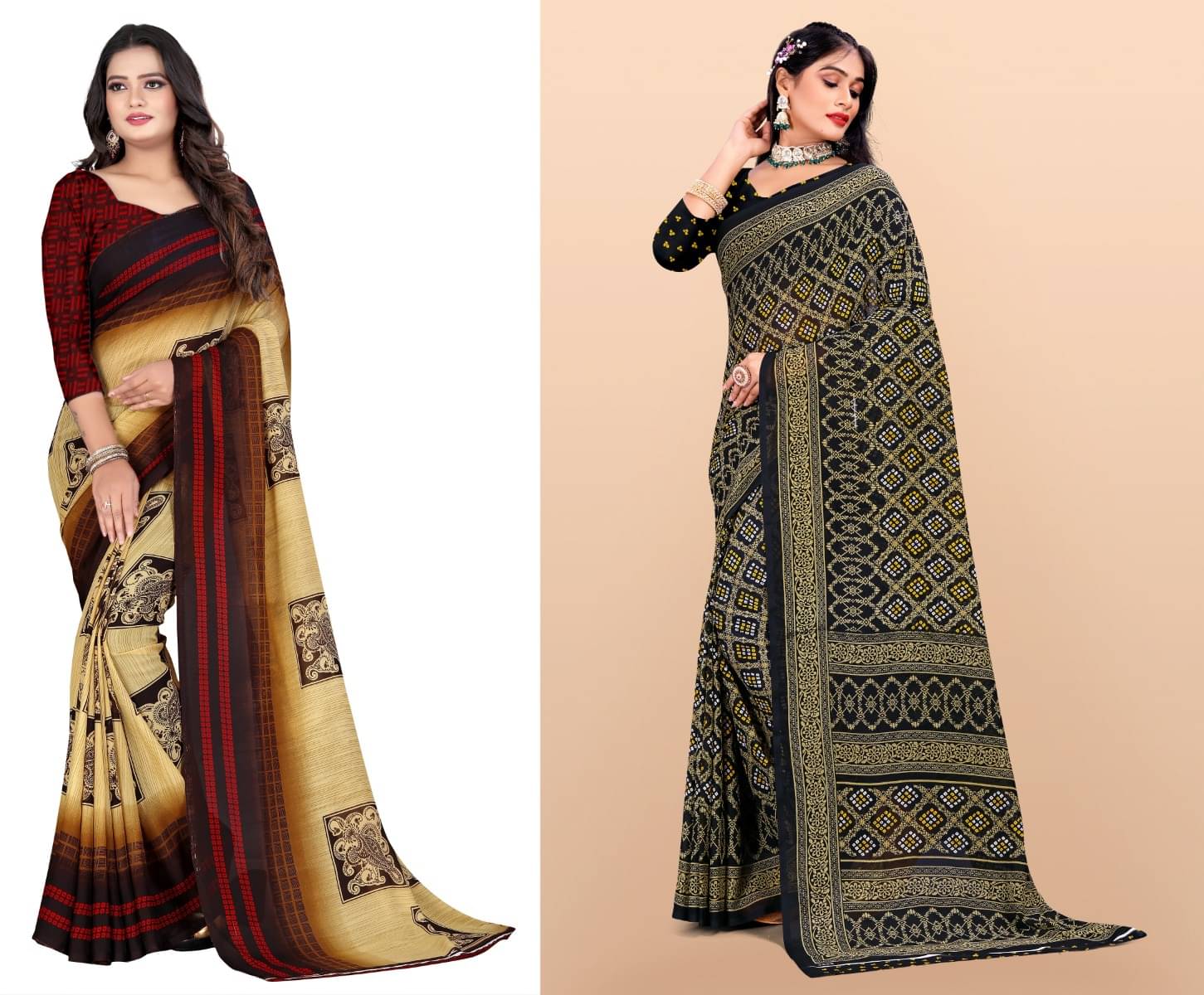 Vibhagyaa Georgette Printed Saree With Unstitched Blouse Piece ( Beige ) Vibhagyaa Georgette Printed Saree With Unstitched Blouse Piece ( Beige )