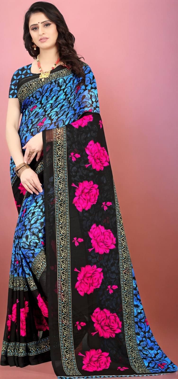     			Vibhagyaa Georgette Printed Saree With Unstitched Blouse Piece ( Blue )