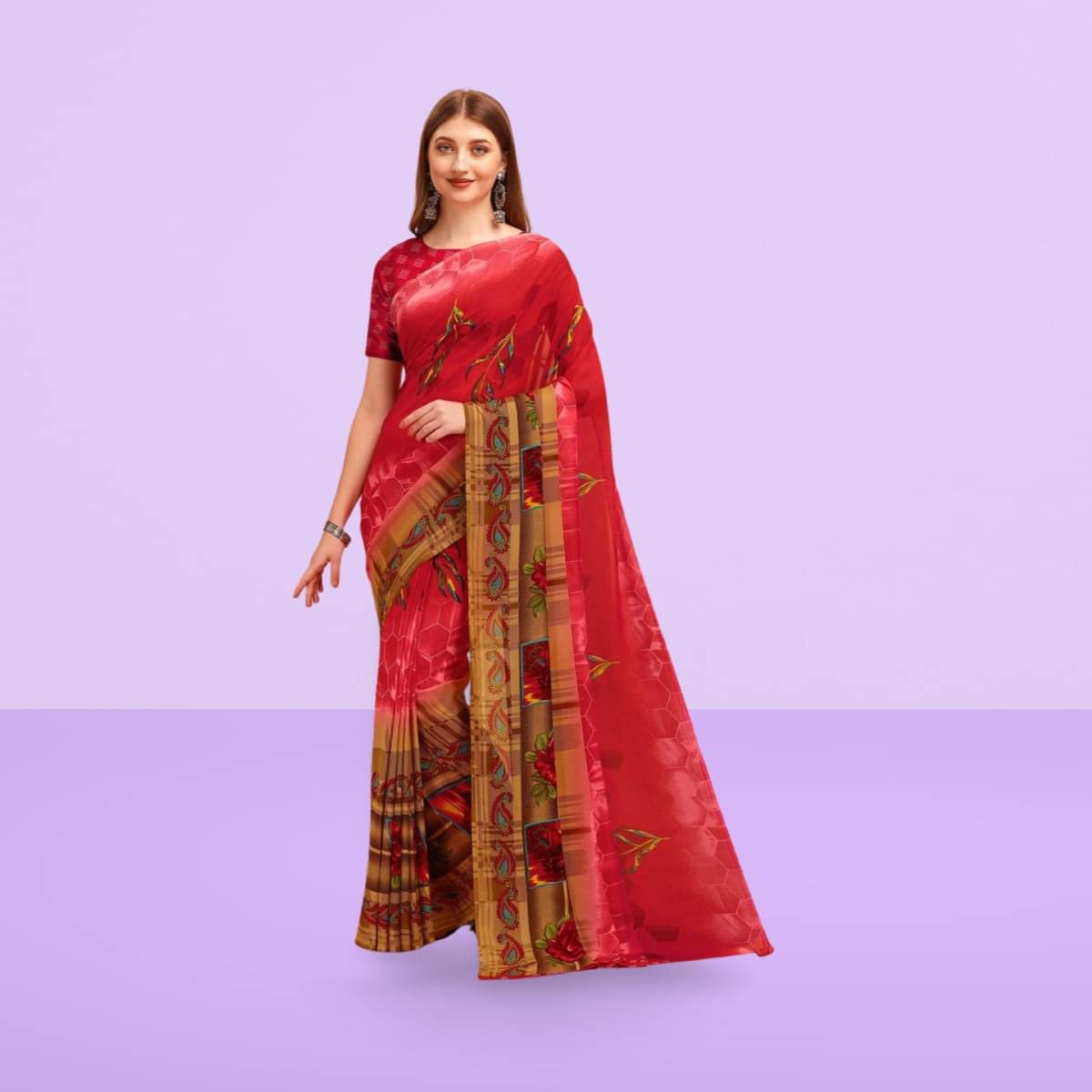     			Vibhagyaa Georgette Printed Saree With Unstitched Blouse Piece ( Red )