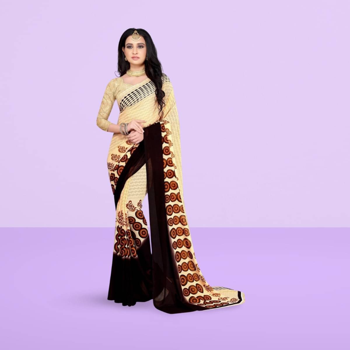 Vibhagyaa Georgette Printed Saree With Unstitched Blouse Piece ( Beige ) Vibhagyaa Georgette Printed Saree With Unstitched Blouse Piece ( Beige )