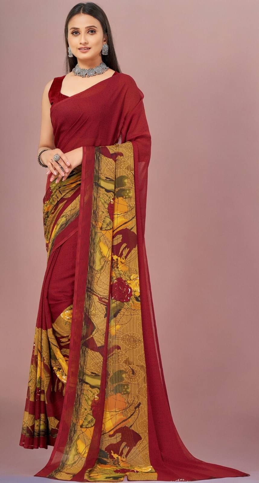 Vibhagyaa Georgette Printed Saree With Unstitched Blouse Piece ( Red ) Vibhagyaa Georgette Printed Saree With Unstitched Blouse Piece ( Red )