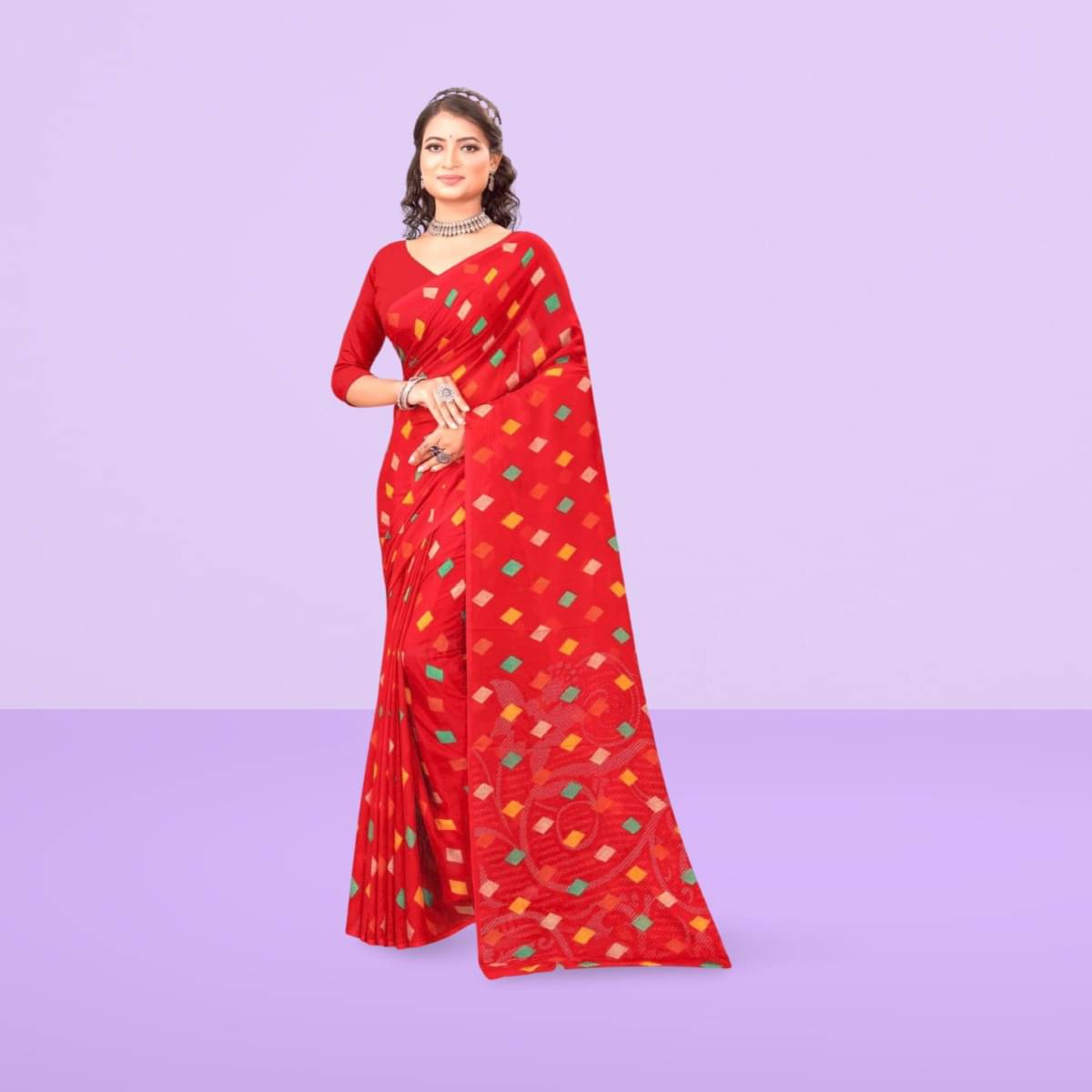 Vibhagyaa Georgette Printed Saree With Unstitched Blouse Piece ( Red ) Vibhagyaa Georgette Printed Saree With Unstitched Blouse Piece ( Red )