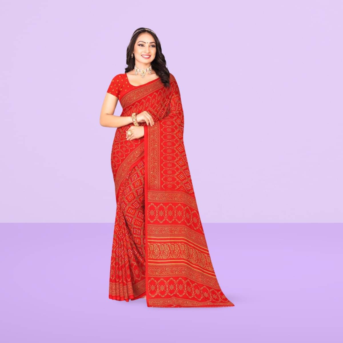 Vibhagyaa Georgette Printed Saree With Unstitched Blouse Piece ( Red ) Vibhagyaa Georgette Printed Saree With Unstitched Blouse Piece ( Red )