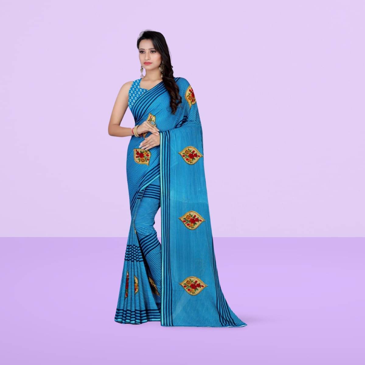     			Vibhagyaa Georgette Printed Saree With Unstitched Blouse Piece ( Light Blue )