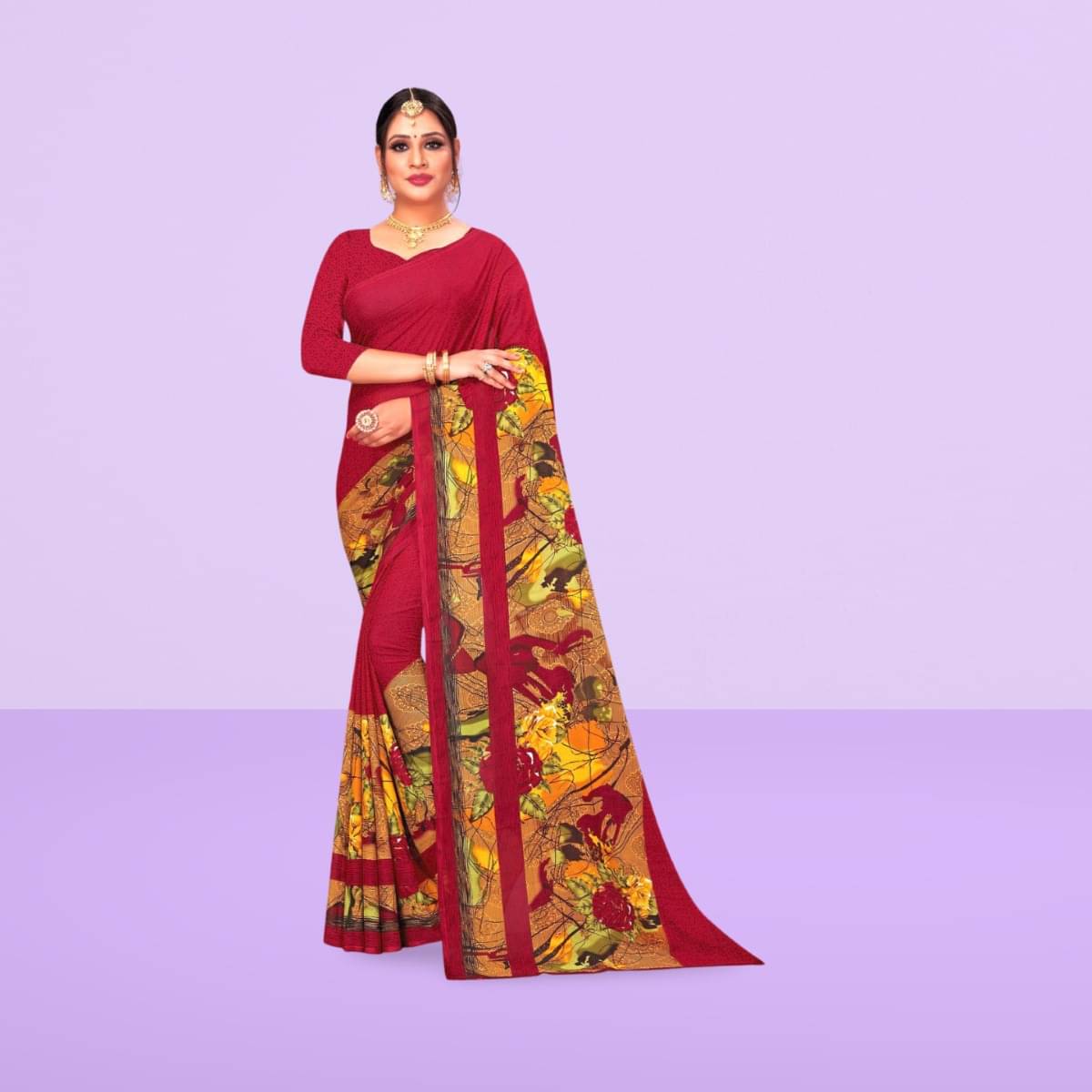    			Vibhagyaa Georgette Printed Saree With Unstitched Blouse Piece ( Maroon )