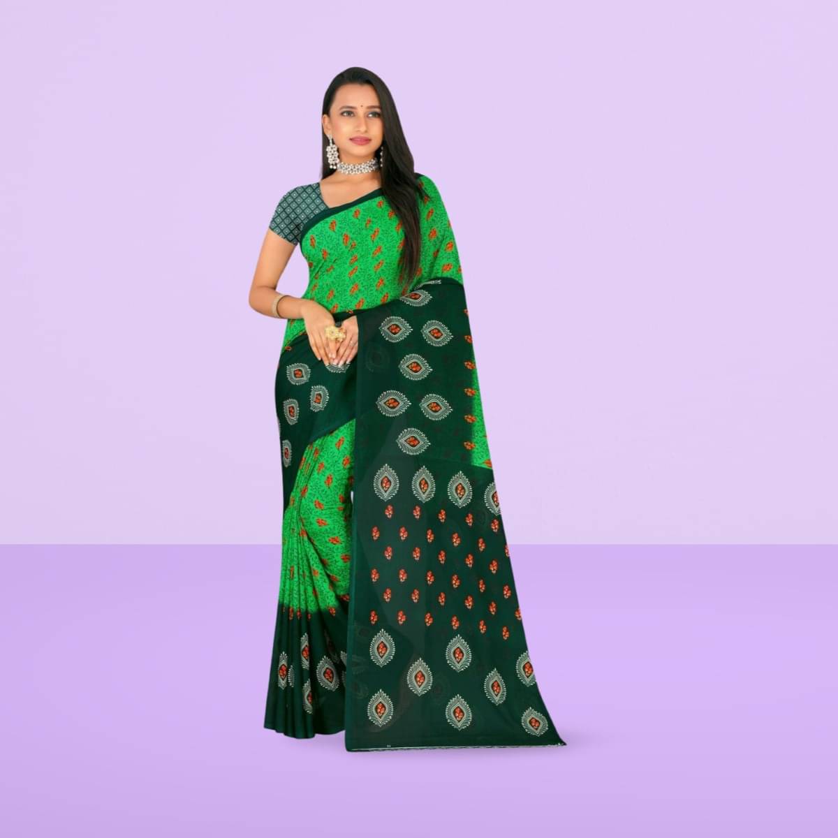 Vibhagyaa Georgette Printed Saree With Unstitched Blouse Piece ( Green ) Vibhagyaa Georgette Printed Saree With Unstitched Blouse Piece ( Green )