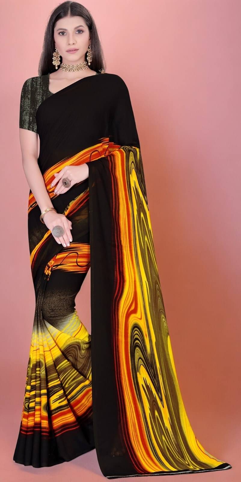     			Vibhagyaa Georgette Printed Saree With Unstitched Blouse Piece ( Black )