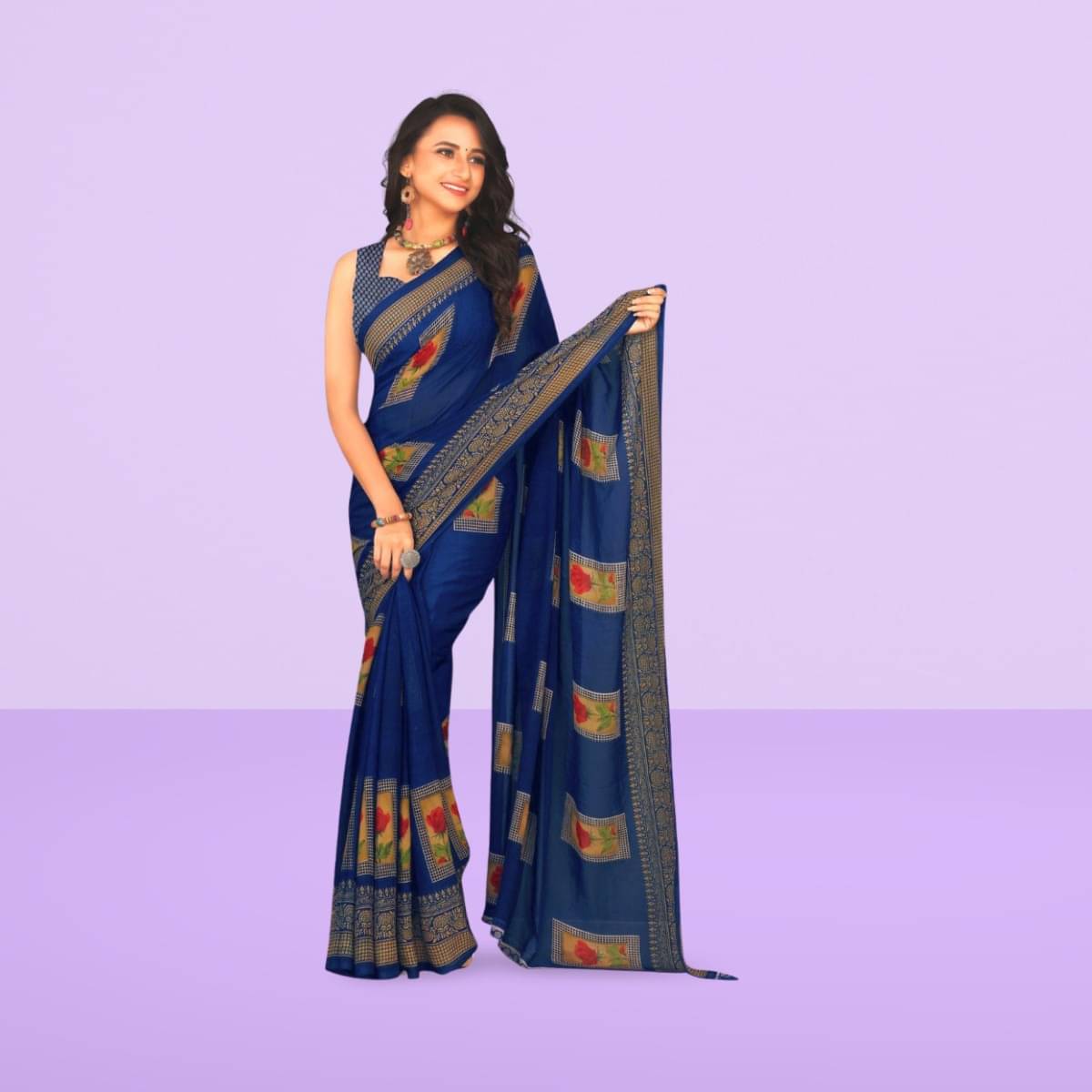 Vibhagyaa Georgette Printed Saree With Unstitched Blouse Piece ( Blue )     			Vibhagyaa Georgette Printed Saree With Unstitched Blouse Piece ( Blue )