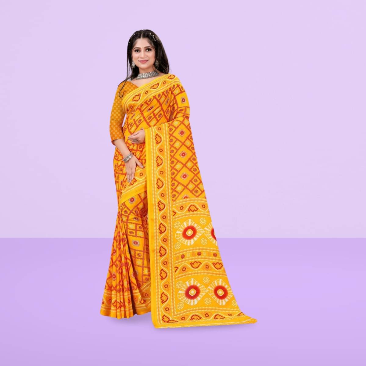 Vibhagyaa Georgette Printed Saree With Unstitched Blouse Piece ( Yellow ) Vibhagyaa Georgette Printed Saree With Unstitched Blouse Piece ( Yellow )