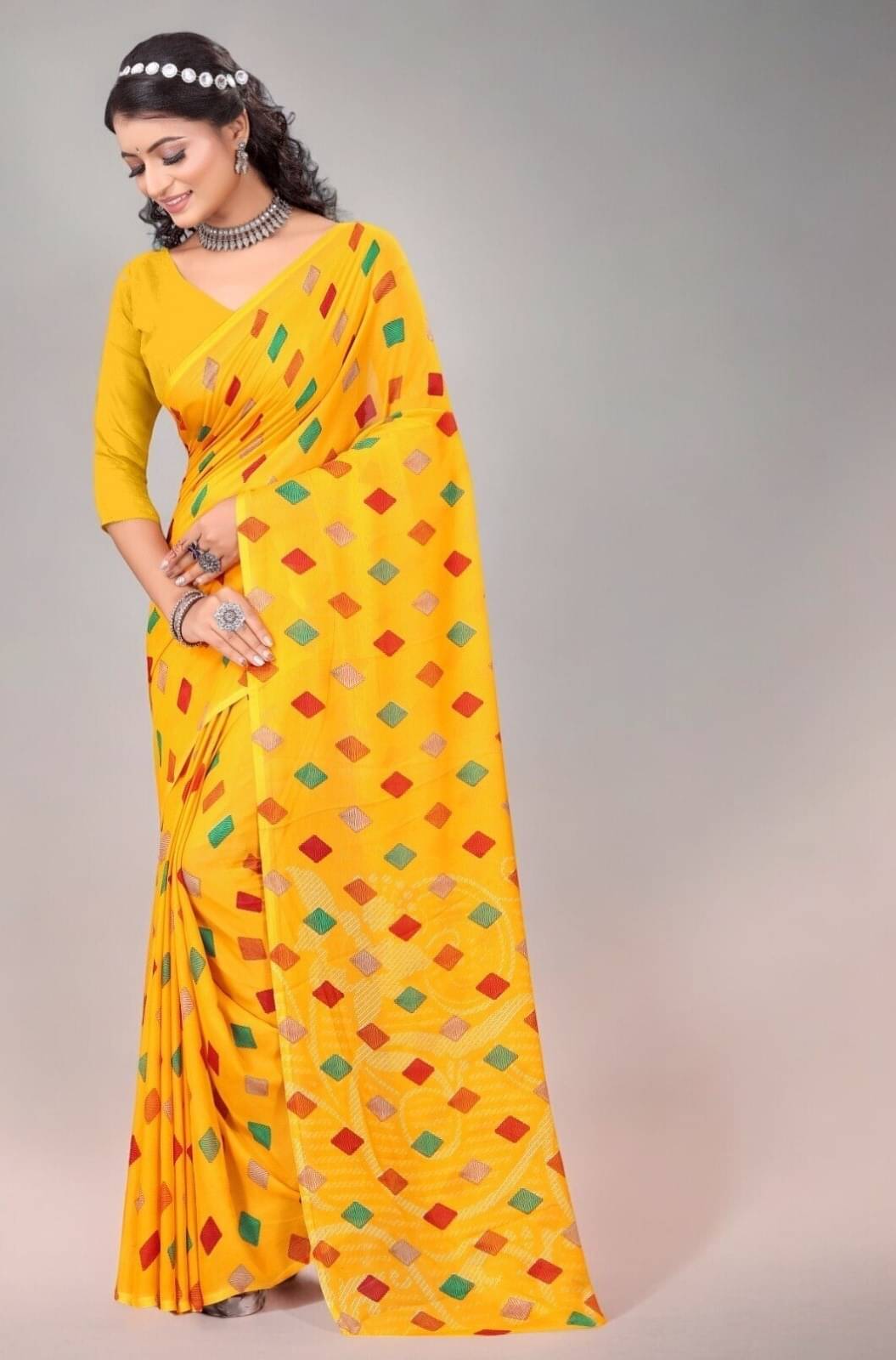    			Vibhagyaa Georgette Printed Saree With Unstitched Blouse Piece ( Yellow )