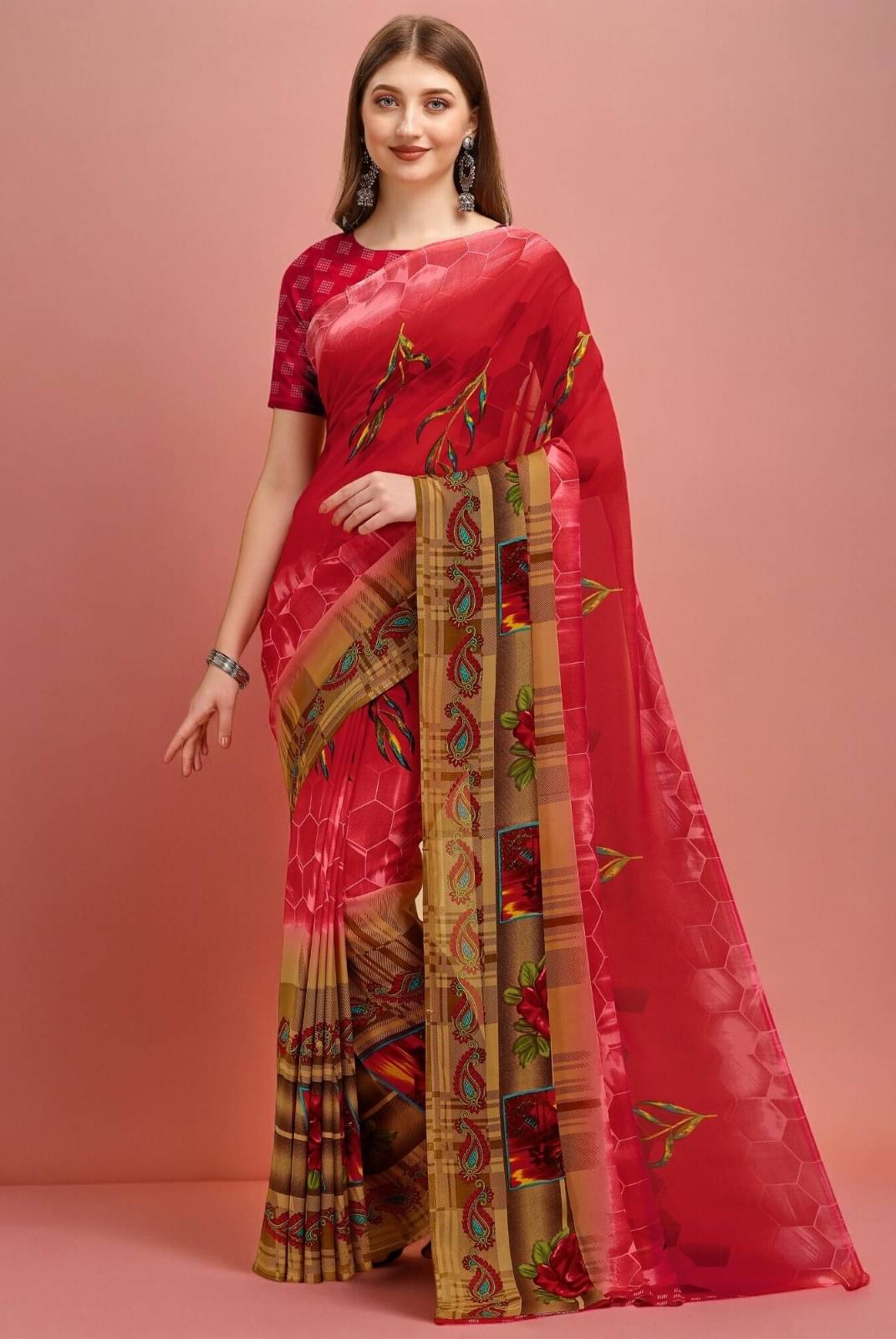 Vibhagyaa Georgette Printed Saree With Unstitched Blouse Piece ( Red ) Vibhagyaa Georgette Printed Saree With Unstitched Blouse Piece ( Red )