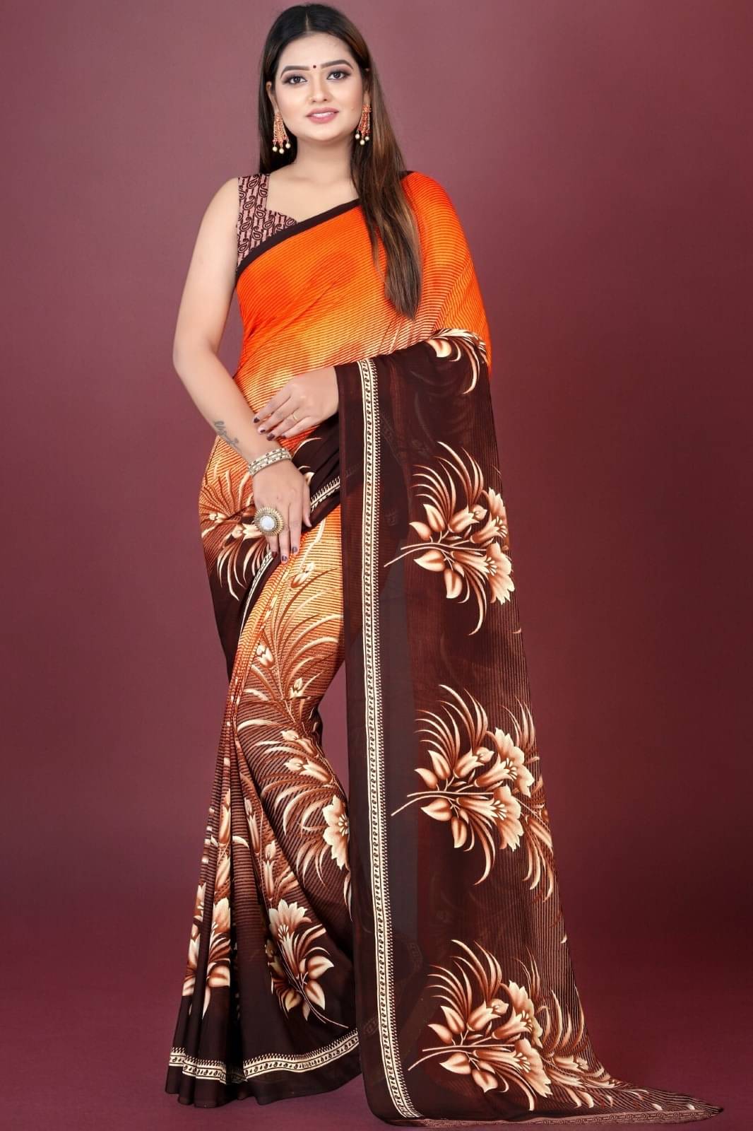 Vibhagyaa Georgette Printed Saree With Unstitched Blouse Piece ( Orange ) Vibhagyaa Georgette Printed Saree With Unstitched Blouse Piece ( Orange )